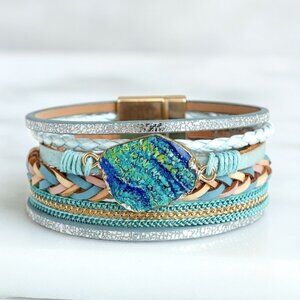 🌟Boho Teal Druzy Stacked Wrap Bracelet Green Gold Tone Mixed Media Statement